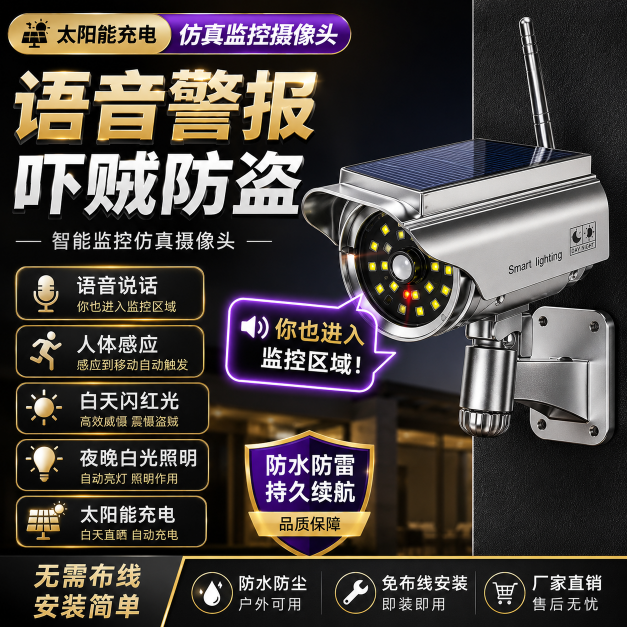 太阳能户外仿真监控灯带摄像头人体感应语音播报说话吓贼神器 升级版【太阳能充电+语音说话+遥控器调节+人体感应】