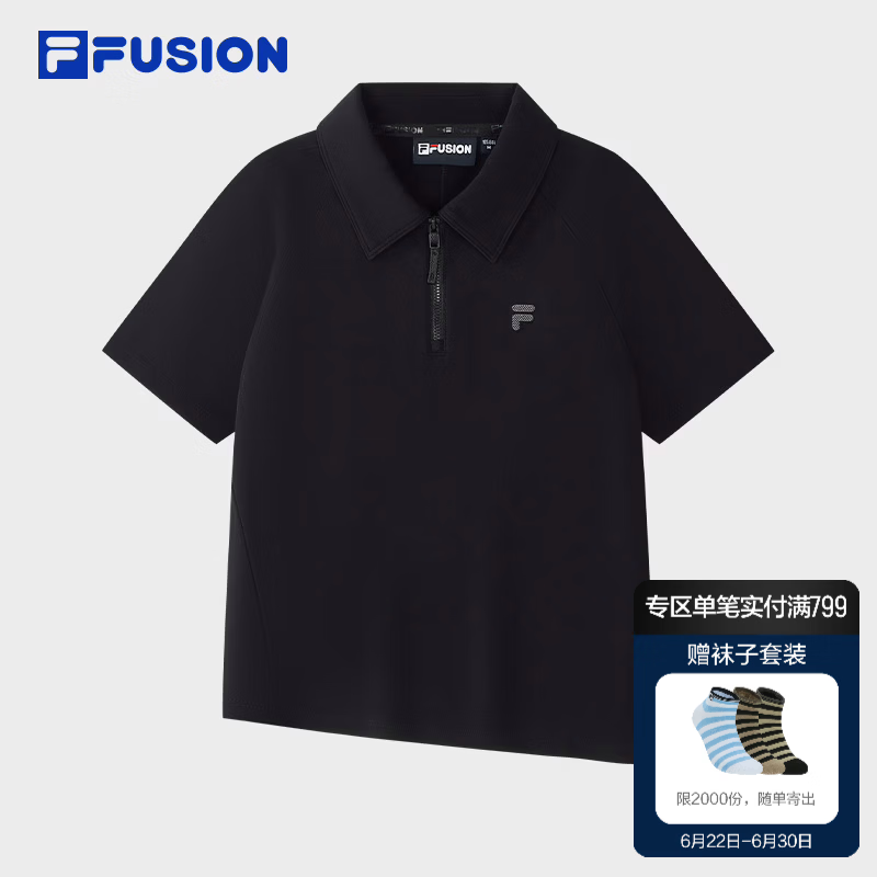 FILA FUSION斐乐潮牌女子针织短袖衫2026秋季新款简约修身POLO衫 正黑色-BK M 165/84A/M