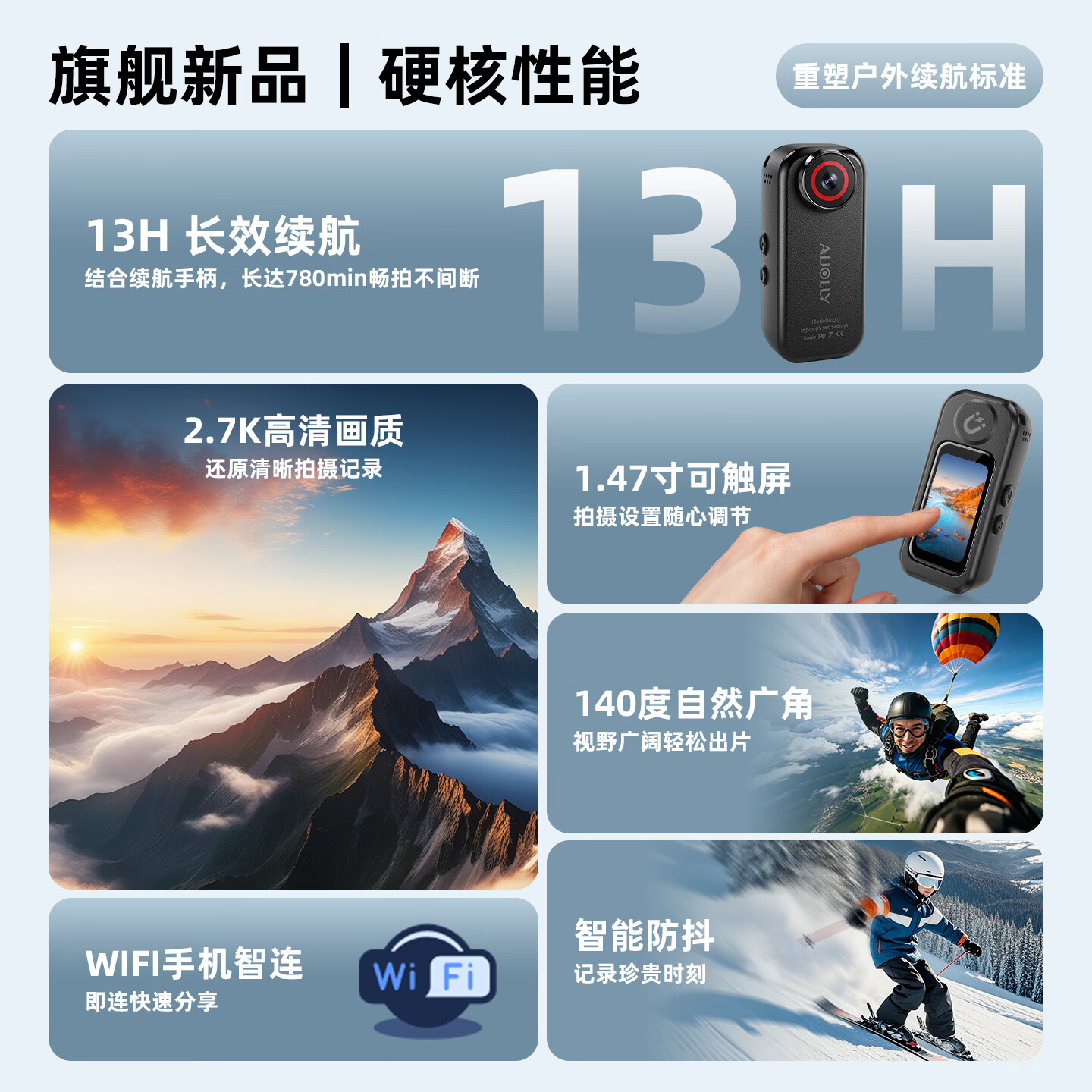 觅豹【新品】A32 拇指运动相机2.7K高清超长续航骑行摩托车GPS记录仪户外旅游vlog口袋相机 续航版-白色(主机标配+长续航手柄) 无内存卡