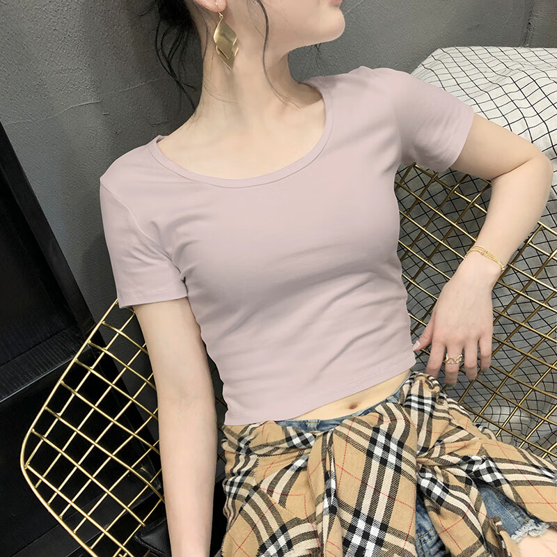 鸽白梨子紧身短t女皮粉色短款露脐t恤女短袖紧身高腰性感半袖莫代尔