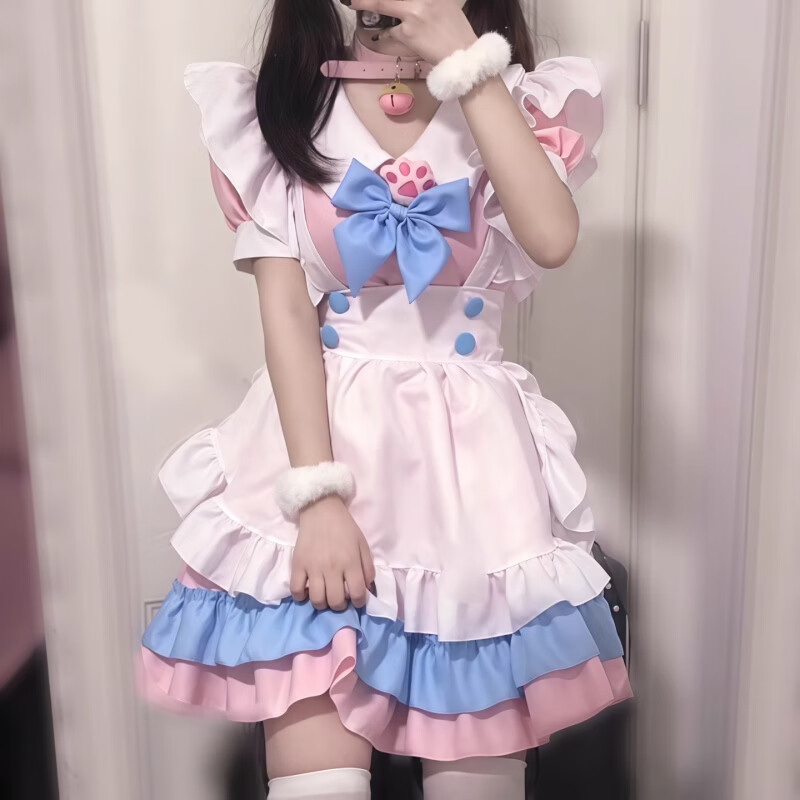 伪娘女仆装可爱猫爪日系粉蓝色cos制服男仆套装男娘女装约会漫展 【猫爪女仆套装】五件套 L【胸围92cm以内】