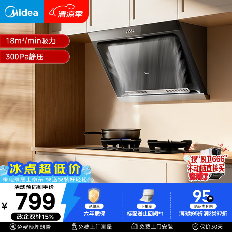 美的（Midea）抽吸排油烟机 家用大吸力侧吸式油烟机上门安装以旧换新出租房屋脱排烟机CXW-200-J30