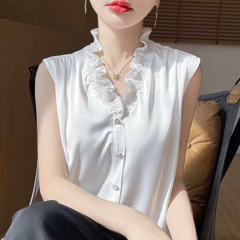 【爆款轻奢】法式花边领V领无袖背心木耳边无袖衬衫女气质上衣 白色 L 【建议体重105-120斤】
