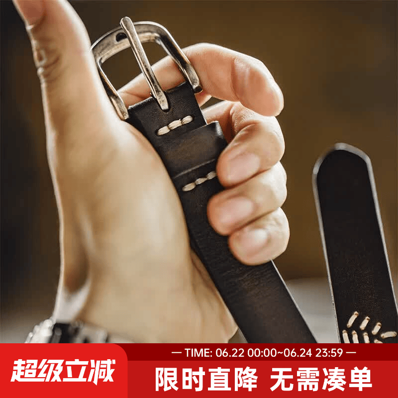 马登头层牛皮黑色复古腰带阿美咔叽印第安做旧针扣真皮腰链配饰男 黑色 （115cm长 X 2.3cm宽）