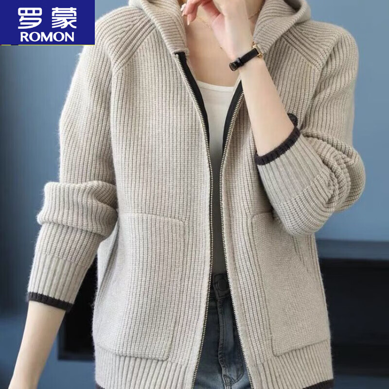 罗蒙（ROMON）2025年秋冬新款连帽外套拉链开衫毛衣女刺绣上衣时尚卫衣针织衫潮 卡其色【收藏店铺优先发货】 S 码【80斤-95斤】