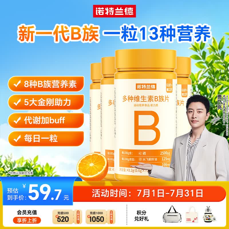 诺特兰德多种维生素B族片【72片/瓶*4】复合维b1b2b6b12烟酸叶酸牛磺酸	