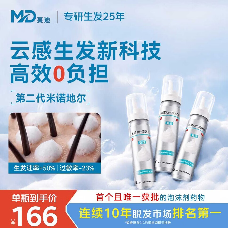 蔓迪【第二代米诺地尔】蔓迪5%生发泡沫剂60g*3（倍速生发 温和低敏）男女专用治脱发防脱育发米洛酊搽剂