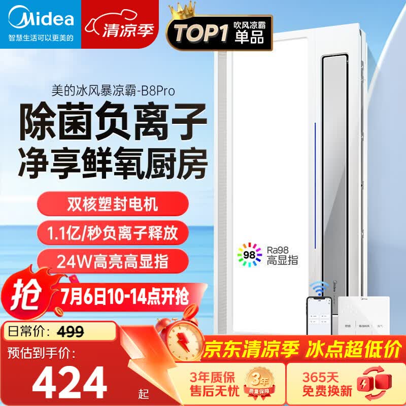 美的（Midea）凉霸厨房卫生间集成吊顶照明一体遥控排气换气吹风负离子除菌B8P