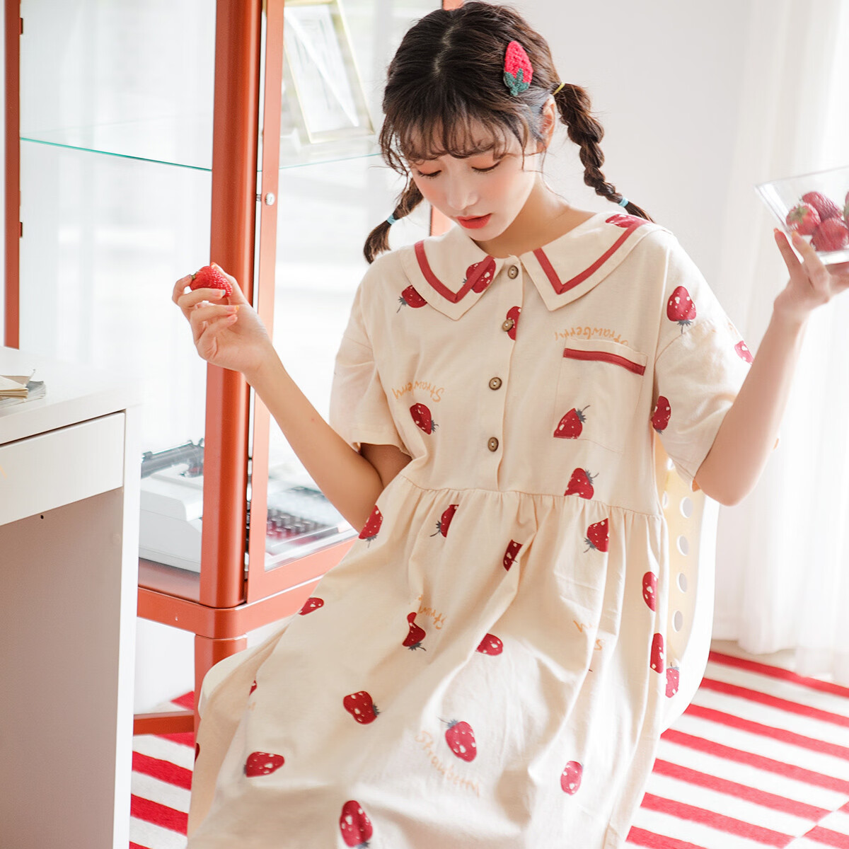 黛梦思睡裙女夏季新款女士纯棉可爱卡通甜美学生少女睡衣家居服可外穿 杏色 XL -女款 （建议120-140斤）