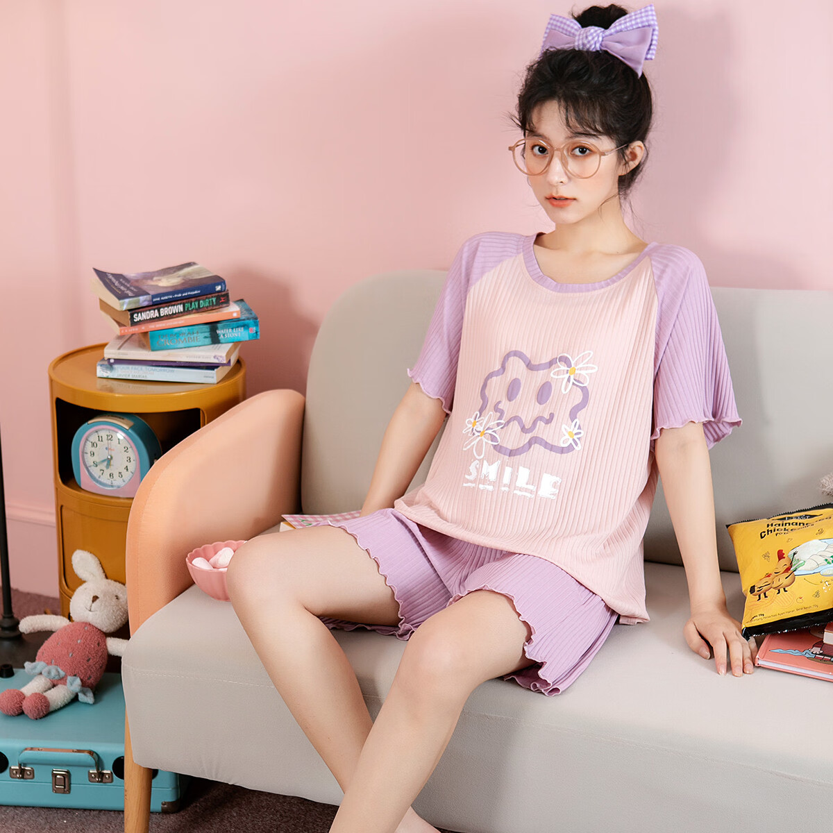 黛梦思睡衣女夏季2026年新款少女初高中学生短袖短裤薄款可外穿家居服 浅紫 （凉而不冰） XL -女款 （建议120-140斤）