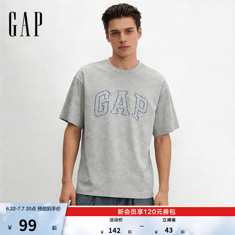 盖璞Gap男女装2026春季新款纯棉logo字母宽松短袖T恤百搭上衣 浅灰色 868224 XL (180/100A)亚洲尺码