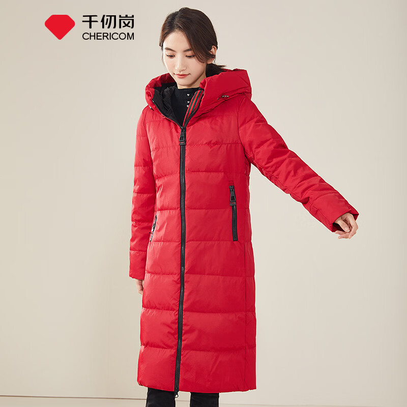 千仞岗秋冬季羽绒服女长款连帽外套气质时尚百搭休闲简约纯色保暖防寒服 经典红 S (160)