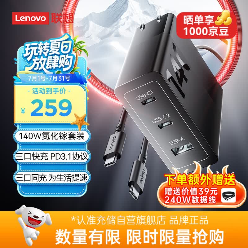 ThinkPlus联想140W氮化镓充电器套装拯救者充电器多口快充头适用PD65W苹果17/16华为小米手机小米MacBook