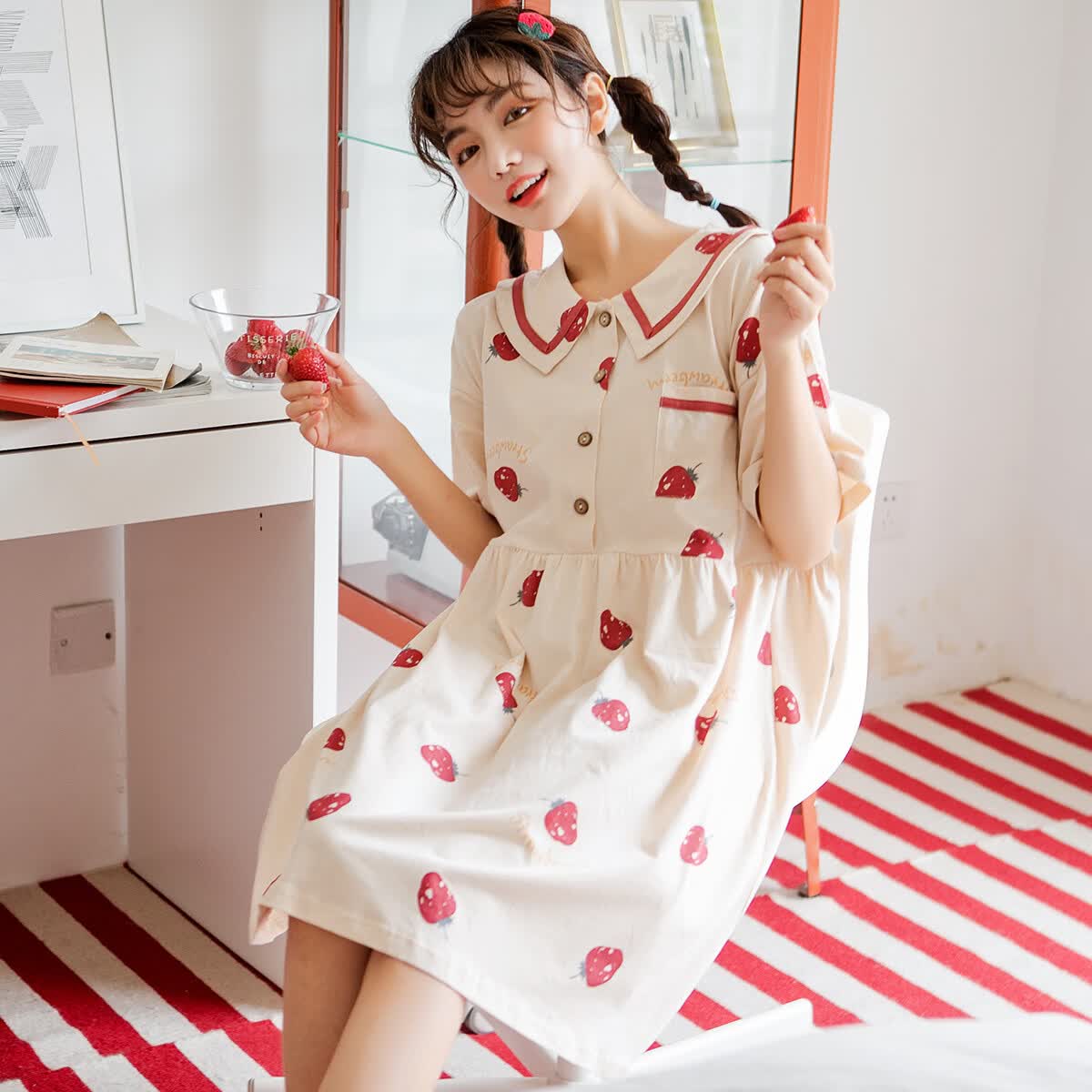 黛梦思睡裙女夏季新款女士纯棉可爱卡通甜美学生少女睡衣家居服可外穿 杏色 XL -女款 （建议120-140斤）