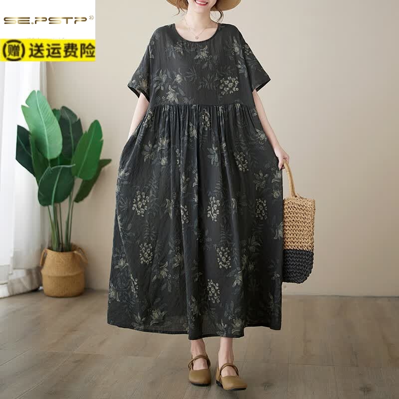夏典素订女王(SE.PSTP)简约时尚长裙夏季新款加肥加大短袖圆领印花连衣裙棉麻高端女 图片色 均码 90-280斤
