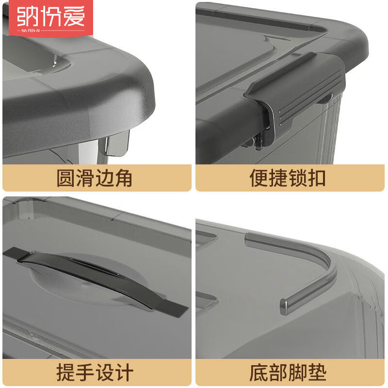 纳份爱收纳箱透明大容量超大家用衣服玩具书本整理箱塑料带盖车载储物箱 灰透3XL号【长47*宽33.5*高27.5cm】 2只装