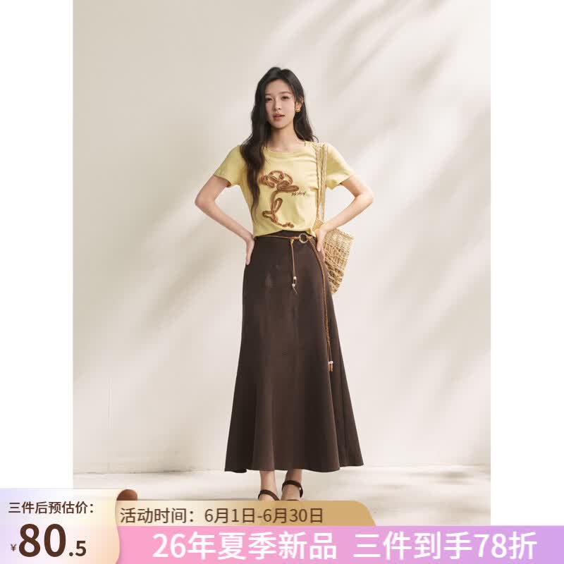 谜秀100棉黄色立体盘带绣字母T恤女2026夏季新品透气气质上衣 黄色 S