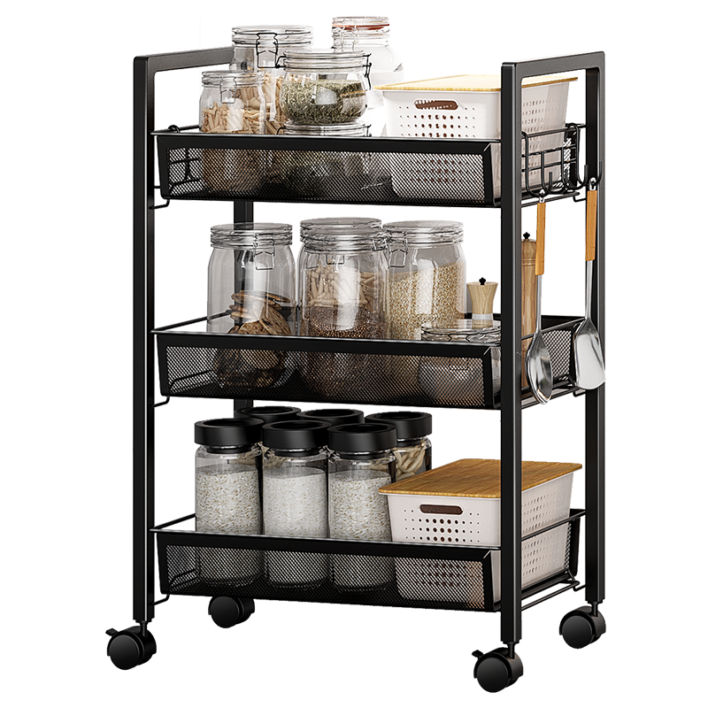 溢彩年华 置物架 厨房收纳推车客厅卧室储物架美容推车网篮三层小推车 YCI1059-BK