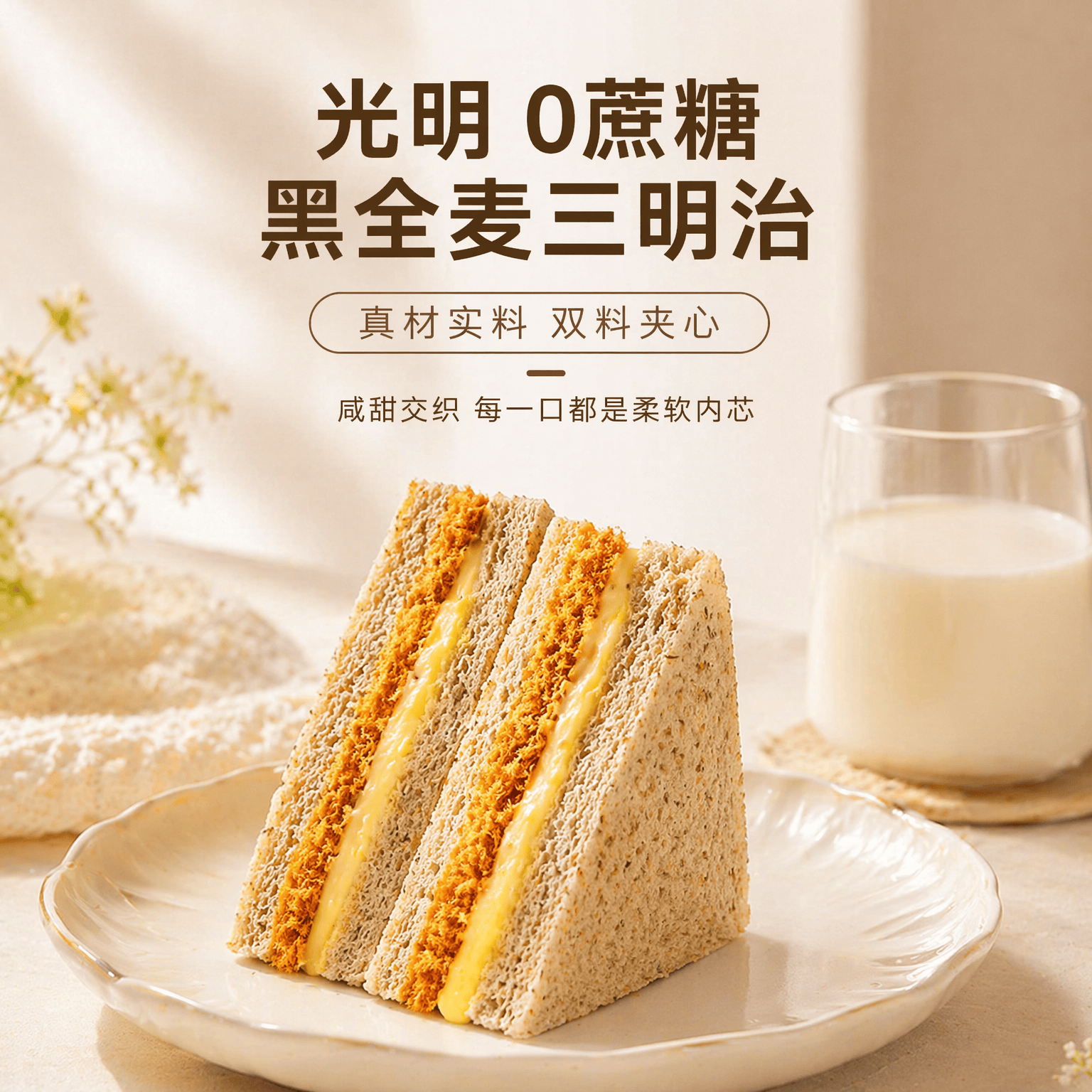 光明黑全麦无添加蔗糖夹心三明治420g*箱 早餐吐司夹心面包办公室零食