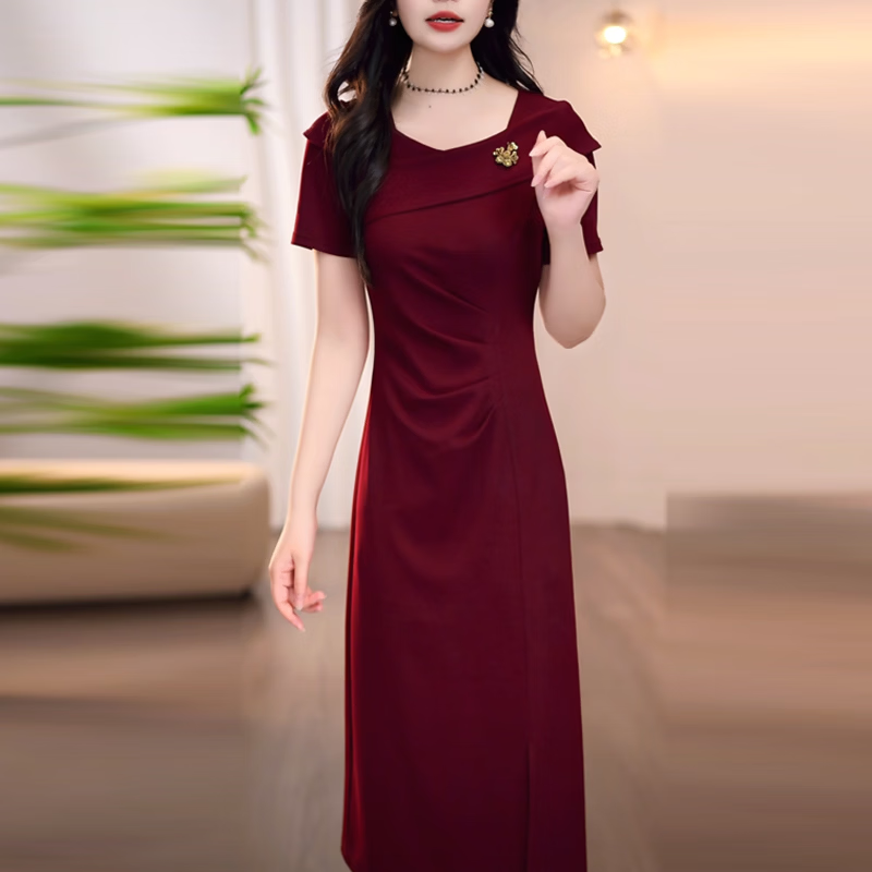 香影芬喜庆红色连衣裙女2026新款夏季喜妈妈宴会礼服高级感短袖开叉裙子 图片色 XL (建议111-120斤)