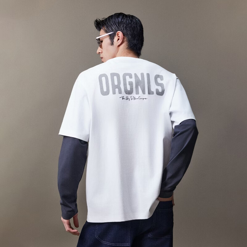 杰克·琼斯(JACK&JONES)26年秋季男装【重磅纯棉】长袖T恤男宽松圆领假两件撞色打底衫 A06本白色 常规 XS (165)