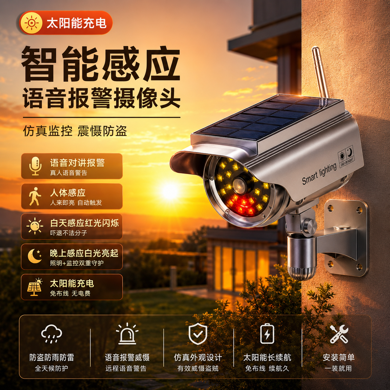 太阳能户外仿真监控灯带摄像头人体感应语音播报说话吓贼神器 升级版【太阳能充电+语音说话+遥控器调节+人体感应】