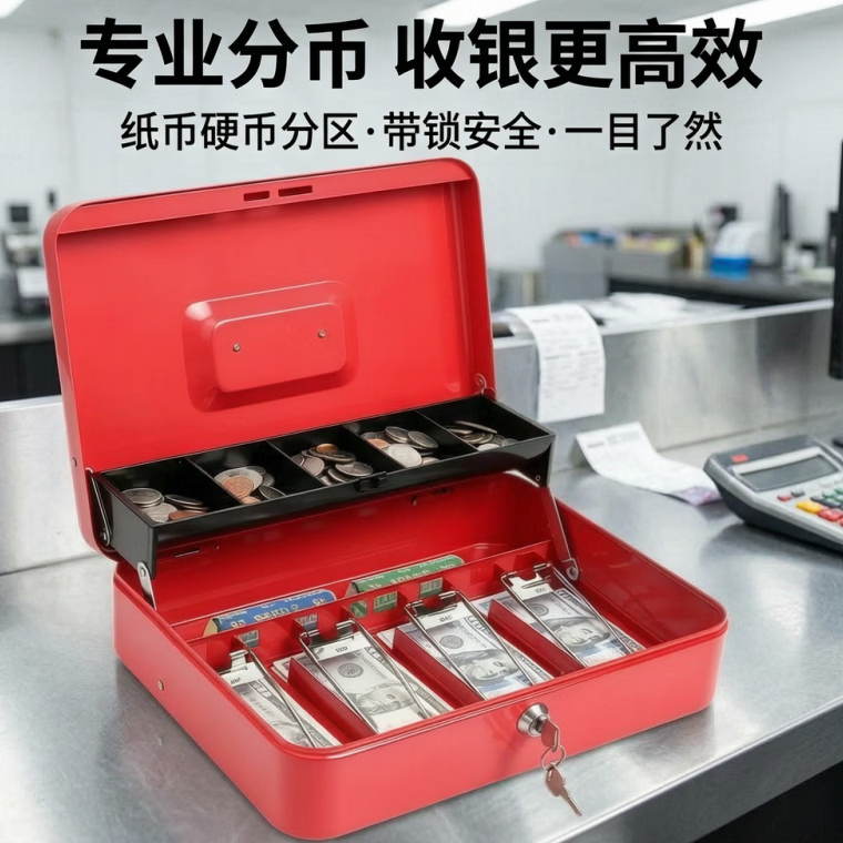 万梭密码存钱罐收款箱储蓄罐纸硬币分类大收纳盒收银钱箱盒票据箱钥匙 【密码款】特大号-蓝色