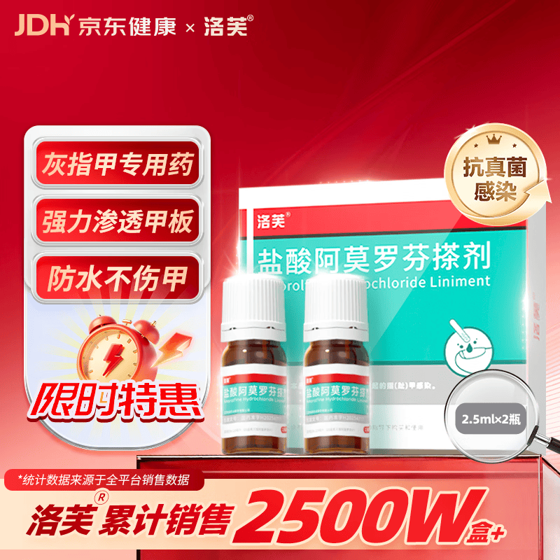 洛芙盐酸阿莫罗芬搽剂5%*2.5ml*2/盒治疗灰指甲专用药正品真菌感染药膏指甲真菌感染脱甲增厚国药准字