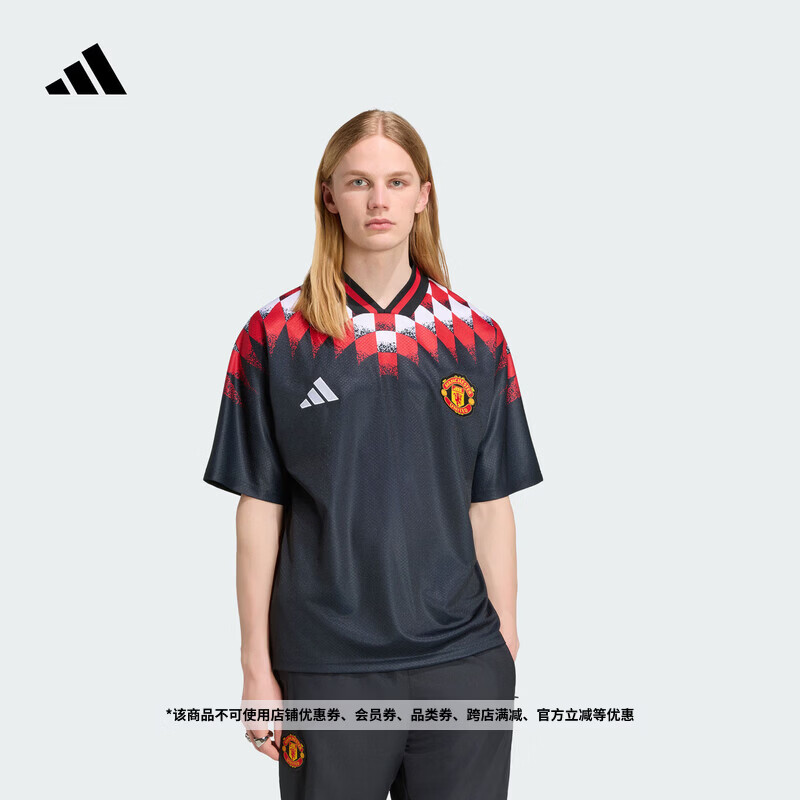 adidas曼联复古足球休闲文化撞色宽松V领短袖球衣男装阿迪达斯   黑色   XS