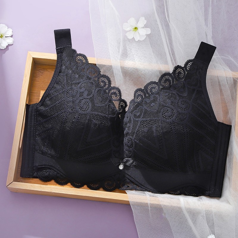 无钢圈聚拢薄款胸罩夏季大胸显小全罩杯收副乳防下垂 黑色 38c/85c