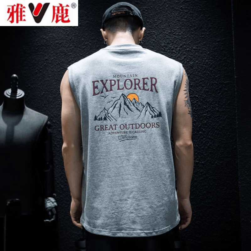 雅鹿夏季无袖t恤背心男宽松潮牌ins大码坎肩半袖美式运动12 M 均码 黑色【EXPORER】