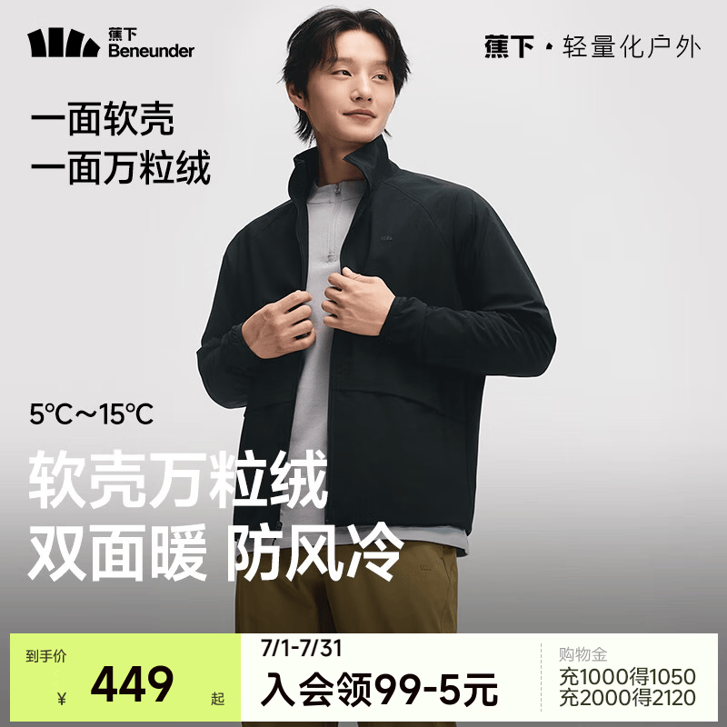蕉下（beneunder）双面摇粒绒外套男款秋季户外加绒保暖防风防泼水软壳立领夹克 漫暮黑-漫暮黑 L