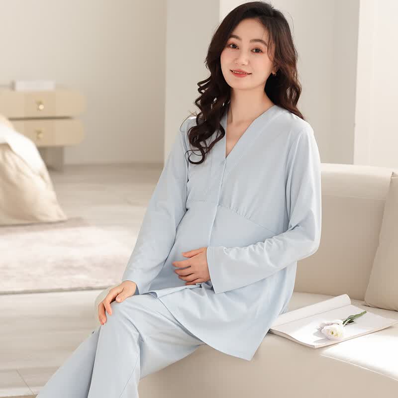 ROVO月子服哺乳睡衣带胸垫怀孕期产后喂奶孕妇家居服套装 AM66763浅蓝 L