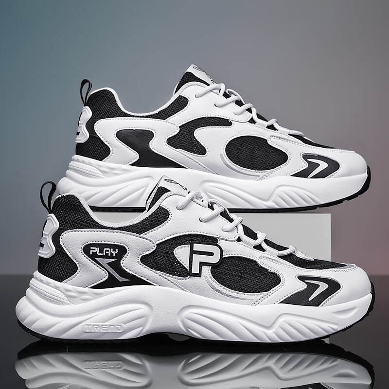 花花公子休闲跑步鞋老爹鞋男子跑步鞋二代情侣款复古运动鞋 白/黑 39
