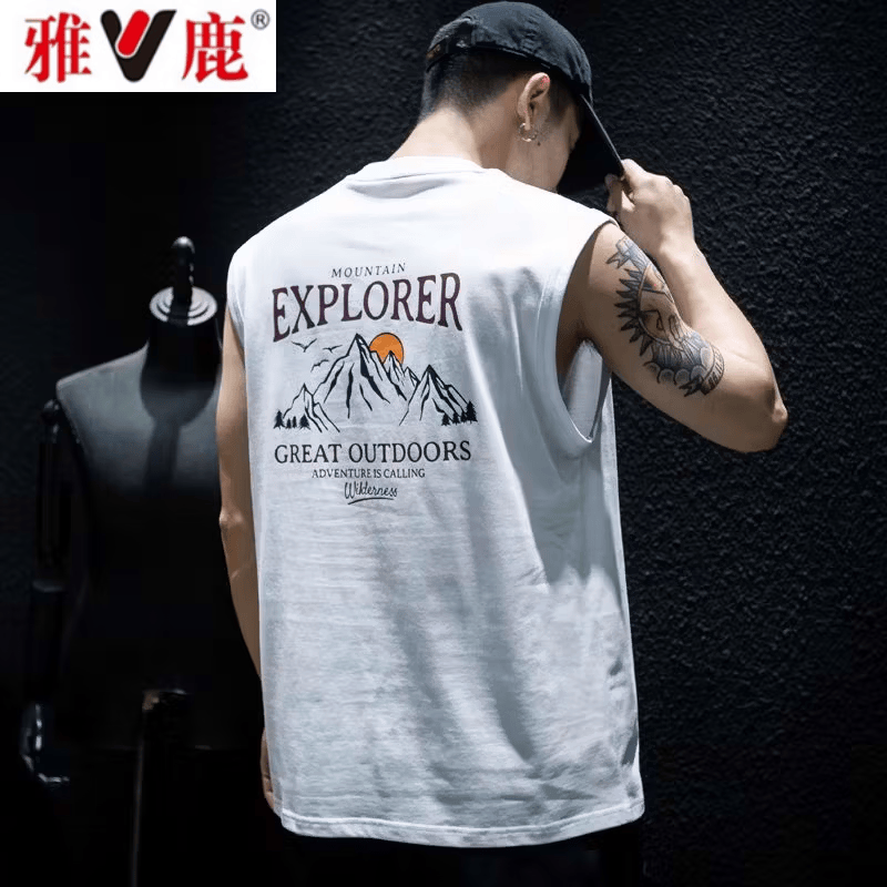 雅鹿夏季无袖t恤背心男宽松潮牌ins大码坎肩半袖美式运动12 M 均码 黑色【EXPORER】