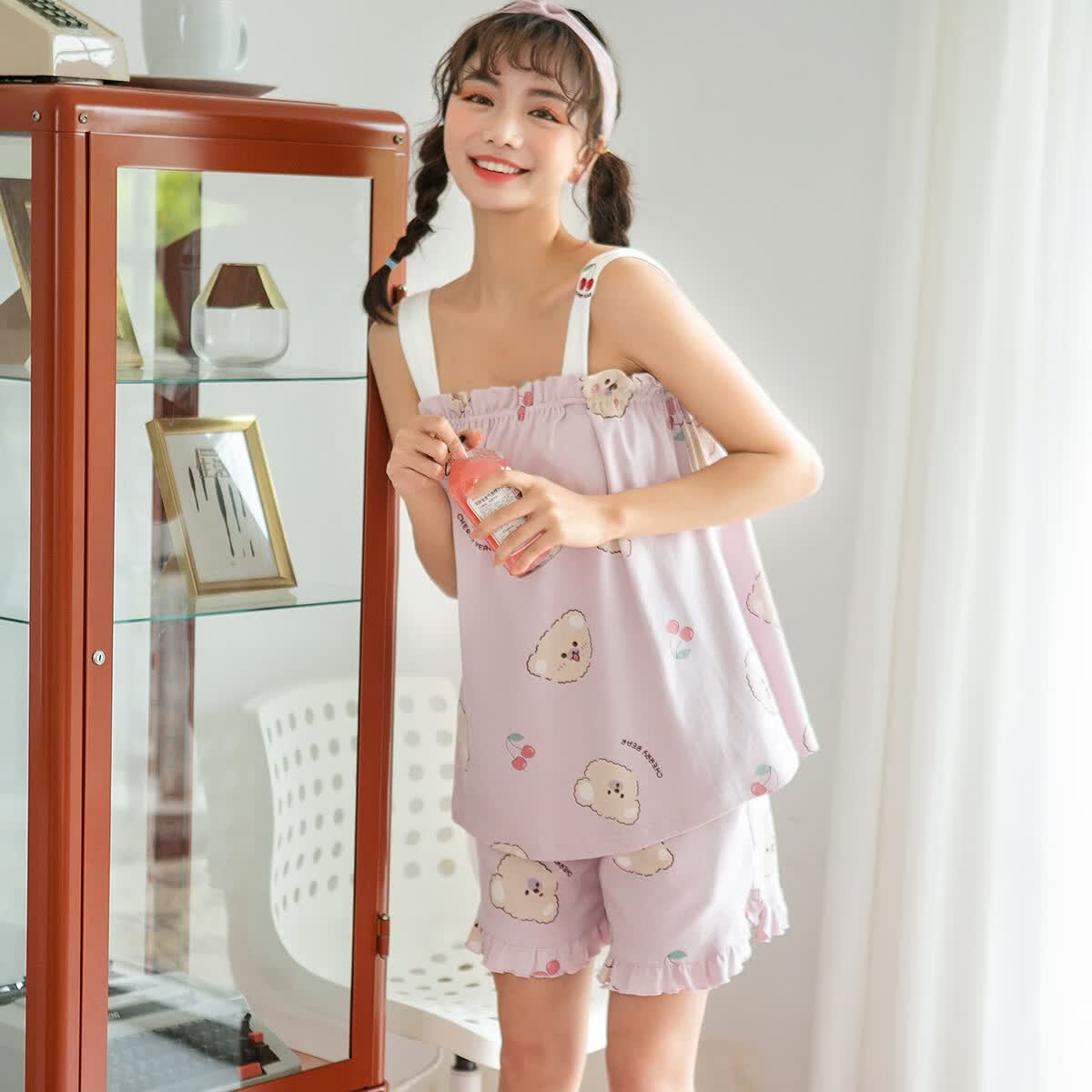 黛梦思吊带睡衣女夏季2026年新款女士纯棉背心短裤两件套家居服可外穿 浅紫 XL -女款 （建议120-140斤）