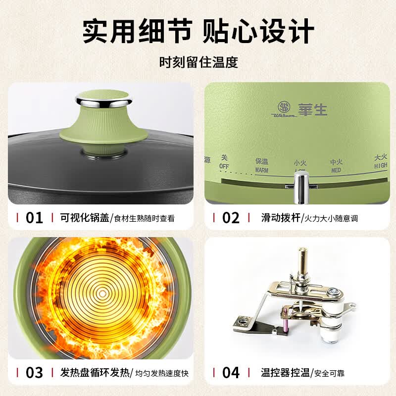 华生(Wahson)电火锅分体式可拆洗家用大容量火锅专用锅电煮锅电炒锅多功能不粘锅宿舍小电锅不锈钢电热锅 4L 【DRG-13-A10L绿色-煮涮煎炒】