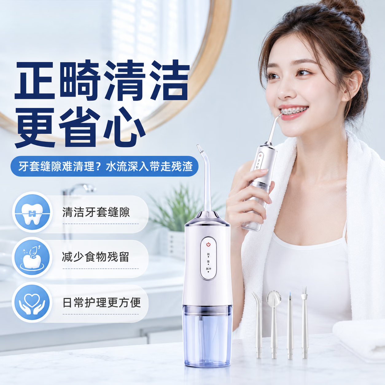 RASW德国冲牙器便携式洁牙器家用电动牙齿洗牙器正畸专用青少年清洁冲洗牙齿牙结石生日礼物 【极光白】 高频脉冲丨洁齿护龈丨塞牙克星 4支喷头 洗牙器冲洗器去牙结石