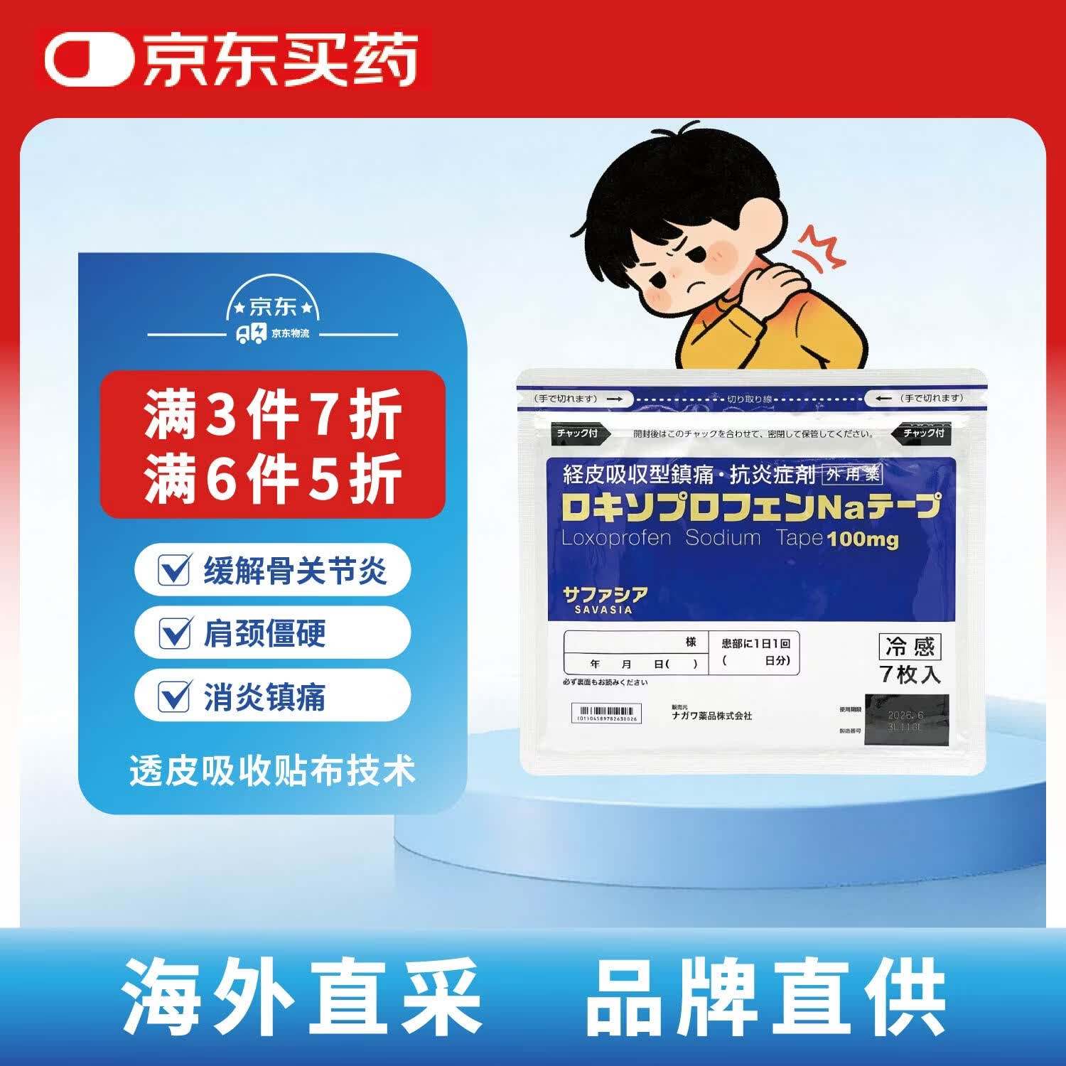 长和制药nagawa小金膏第四代冷感膏贴洛索洛芬纳非久光贴日本膏药贴颈椎病肩周炎腱鞘炎风湿腰椎间盘突出止痛贴7片