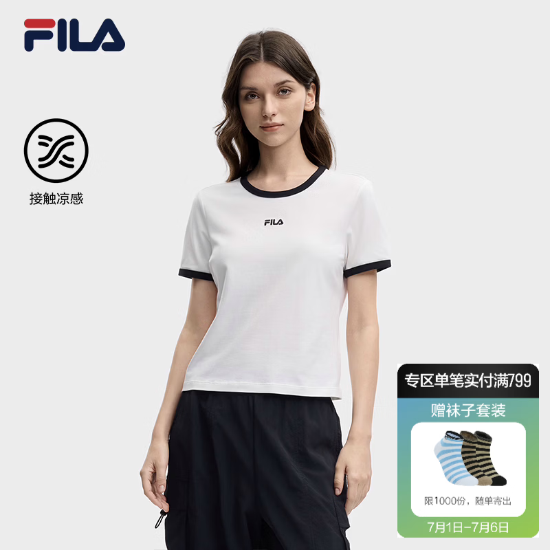 FILA 斐乐官方女子针织短袖衫2026夏新款休闲凉感上衣简约修身T恤 云菇白-WT M 165/84A/M