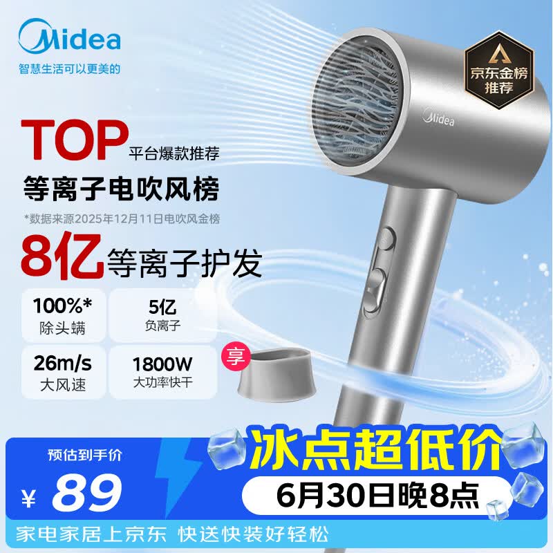 美的（Midea）8亿等离子护发电吹风 家用负离子护发吹风筒 1800W大功率快干吹风机FJ308银 节日礼物