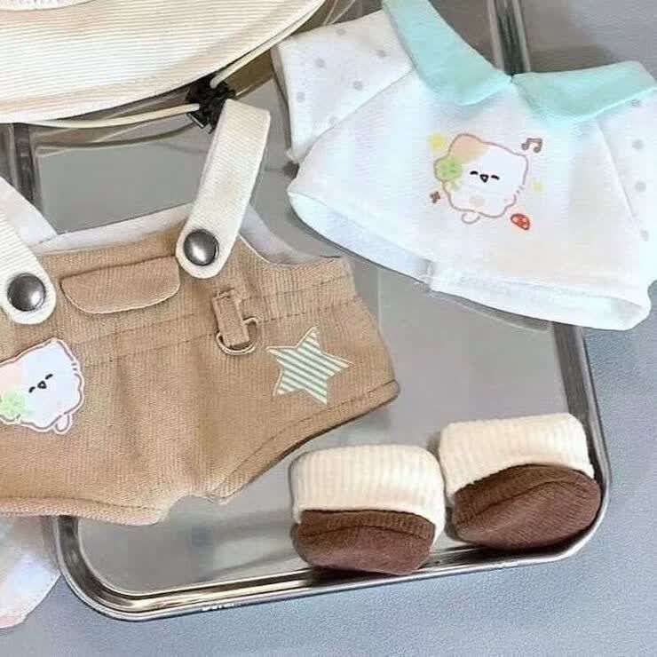 尤柯新品20cm娃衣棉花娃娃娃可爱衣服露营小猫可爱公仔换装玩偶 露营小猫上衣+背带裤+鞋子