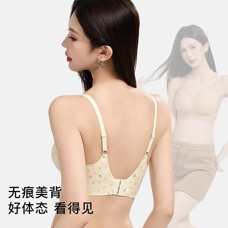 华婷露(Huatinglu)山茶花固定杯内衣轻糯少女碎花豹纹无痕防下垂薄款文胸舒适聚拢 碎花色 M (适合34/75AB)