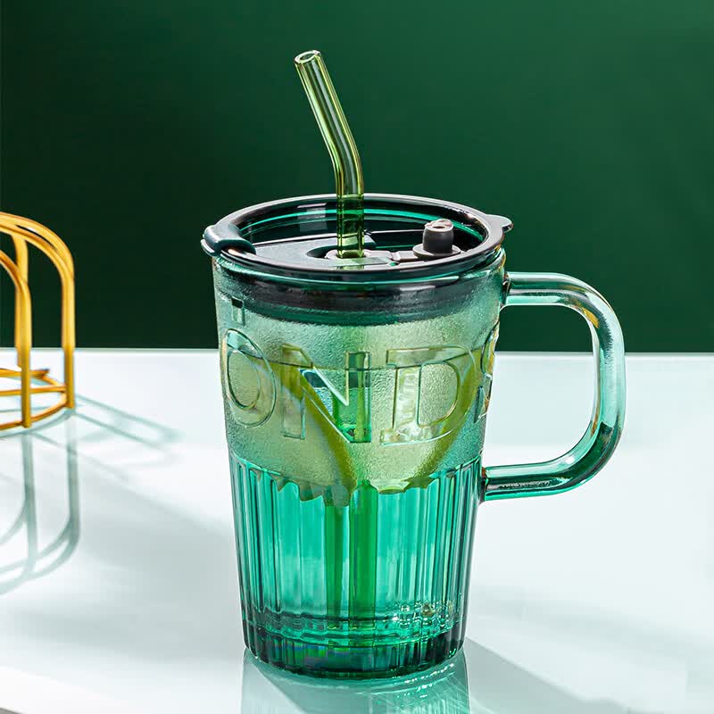 青苹果绿色玻璃吸管杯380ml*1只 随手杯咖啡杯饮料杯办公室墨绿色泡茶杯