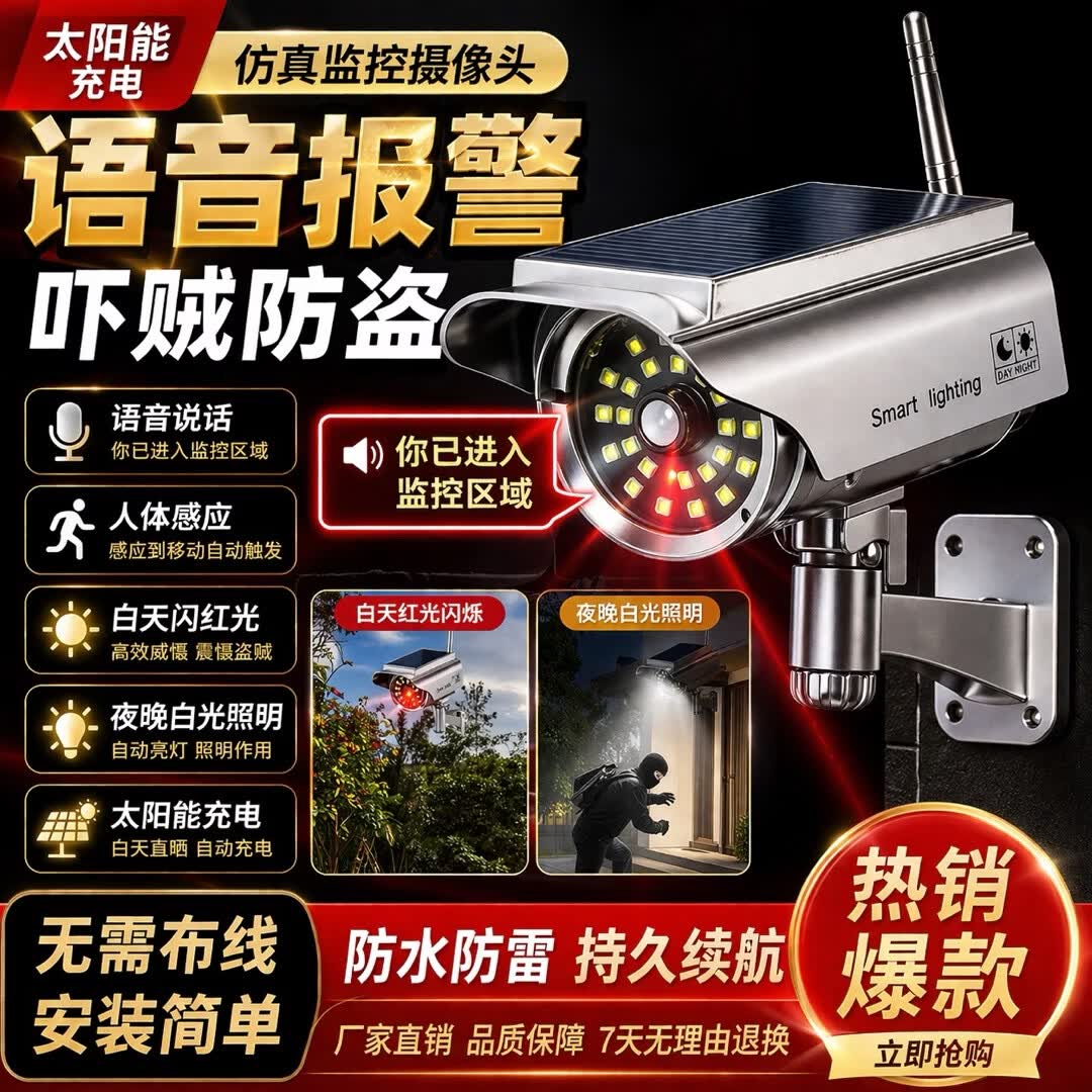 太阳能户外仿真监控灯带摄像头人体感应语音播报说话吓贼神器 升级版【太阳能充电+语音说话+遥控器调节+人体感应】