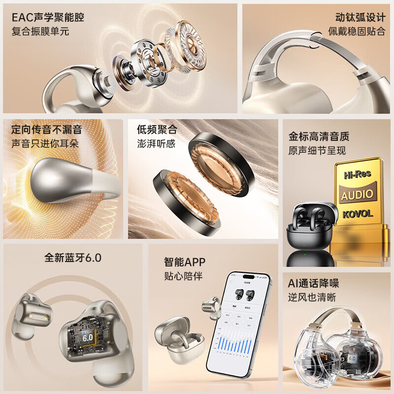 科沃(KOVOL)【柏林之声】蓝牙耳机耳夹式骨传导概念无线耳机开放式运动跑步游戏AI降噪长续航久戴不痛 【蓝牙6.0】升级APP|动钛弧设计|流光金