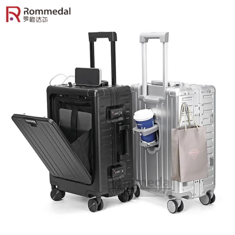 罗梅达尔（Rommedal）铝镁合金行李箱20寸登机箱铝框商务旅行箱24寸前开口拉杆箱 黑色【全铝镁合金前开款】 20英寸 【可登机】