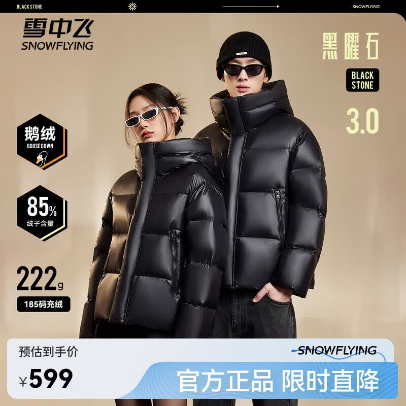 雪中飞新款黑曜石经典3.0男女情侣鹅绒羽绒服保暖加厚防寒宽松廓形时尚 黑色|8056 M 170/92A