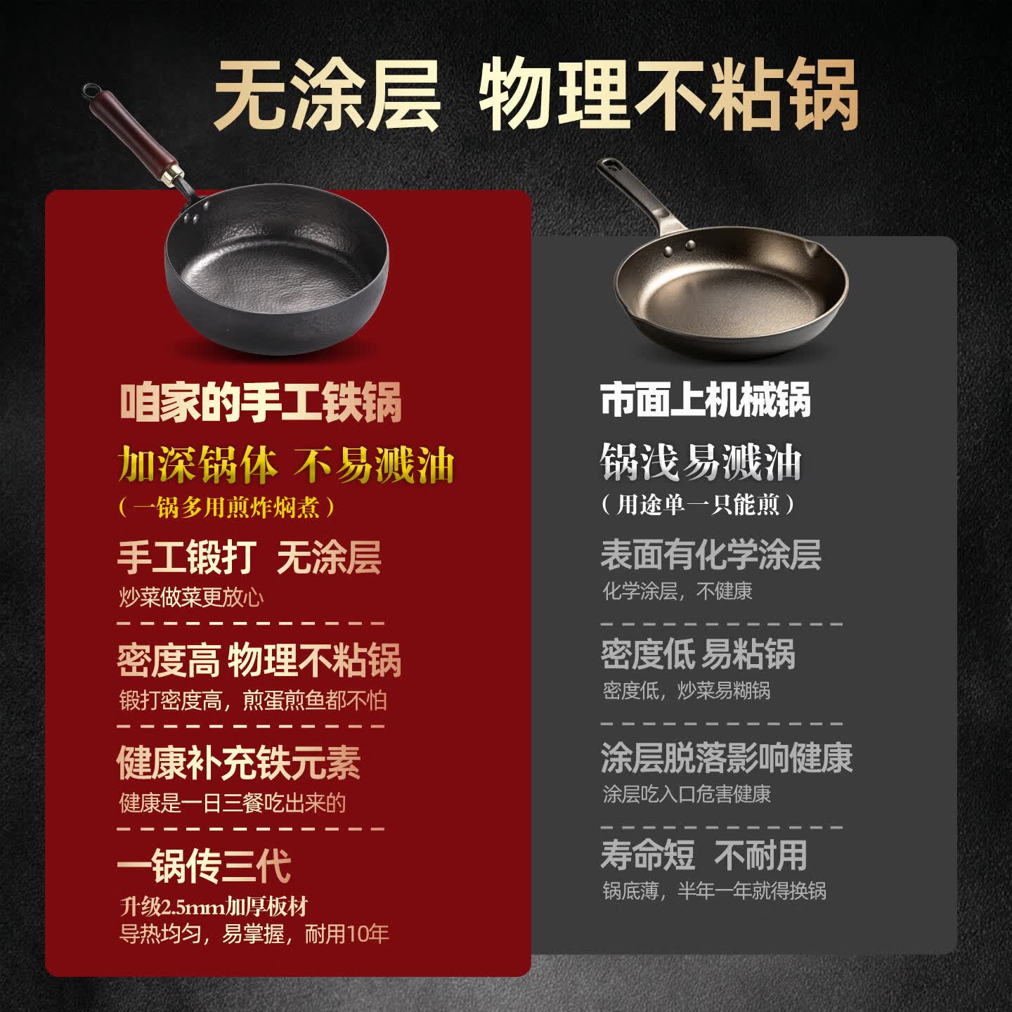 臻吉章丘手工铁锅平底锅煎锅加深平底煎锅无涂层不易粘平底煎蛋锅 8cm 加深煎锅+木盖+锅铲 直径28cm(适用3-6人)