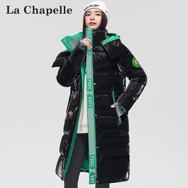 拉夏贝尔(La Chapelle)冬季立领连帽保暖中长款羽绒服加厚女款男女同款休闲潮流 黑绿色 3XL (建议180-200斤)